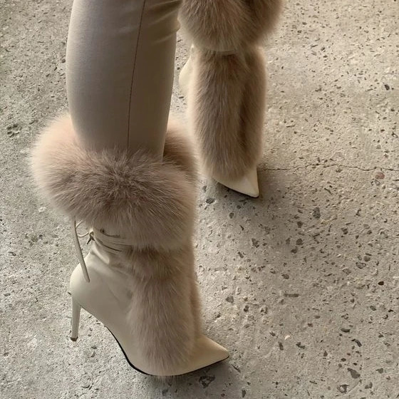 Pointed Toe Fur Mid Calf Boots Stiletto Heels Ankle Straps Fashion Warm Shoes In Winter Solid Plush Sexy Party Dress Shoes 241209