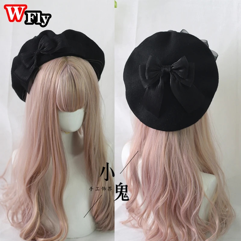 Japanese Harajuku Womens Lace Bow Beret Sweet Lolita Wool Beret Beanie Artist Hat Womens Winter Warm Hat 241209
