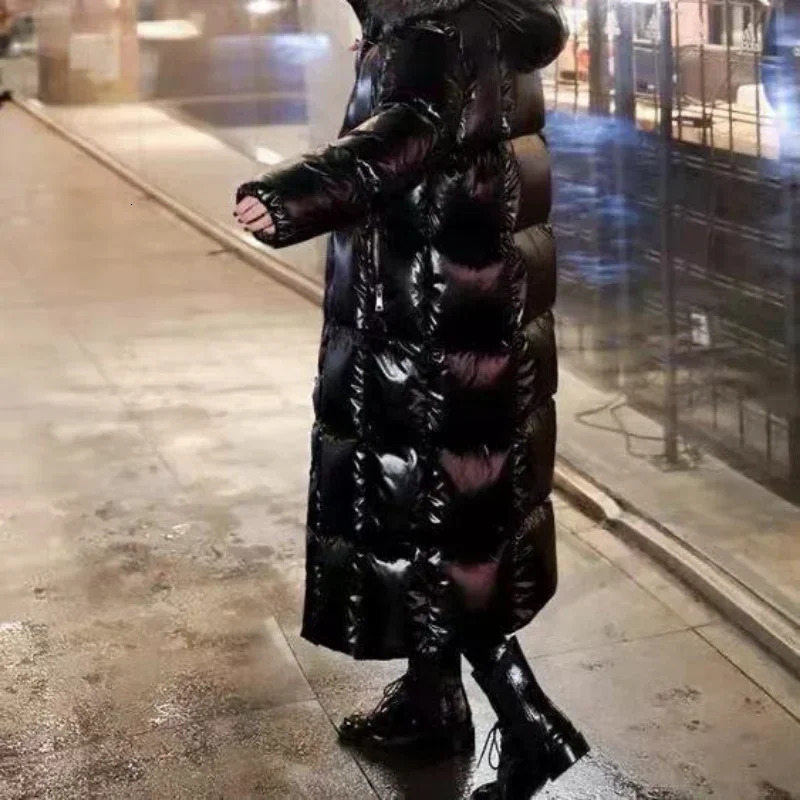 Womens Cotton Jacket Long Black Bright Face Thick True Wool Collar 241209