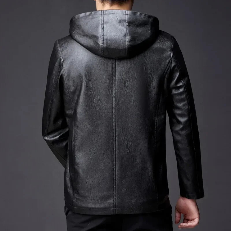 Winter highend mens hooded leather jacket waterproof and windproof plush insulated clothing 241209