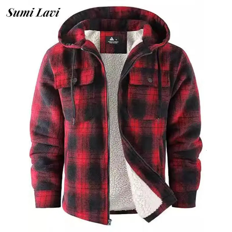 Fall Winter Mens Warm Outerwear Fleece Lining Flannel Plaid Coats For Men Stylish Long Sleeve Zipper Hooded Jacket Coat 241209