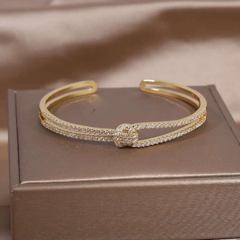 14K real gold plating exquisite full zircon knot elegant women's wedding party opening adjustable bracelet