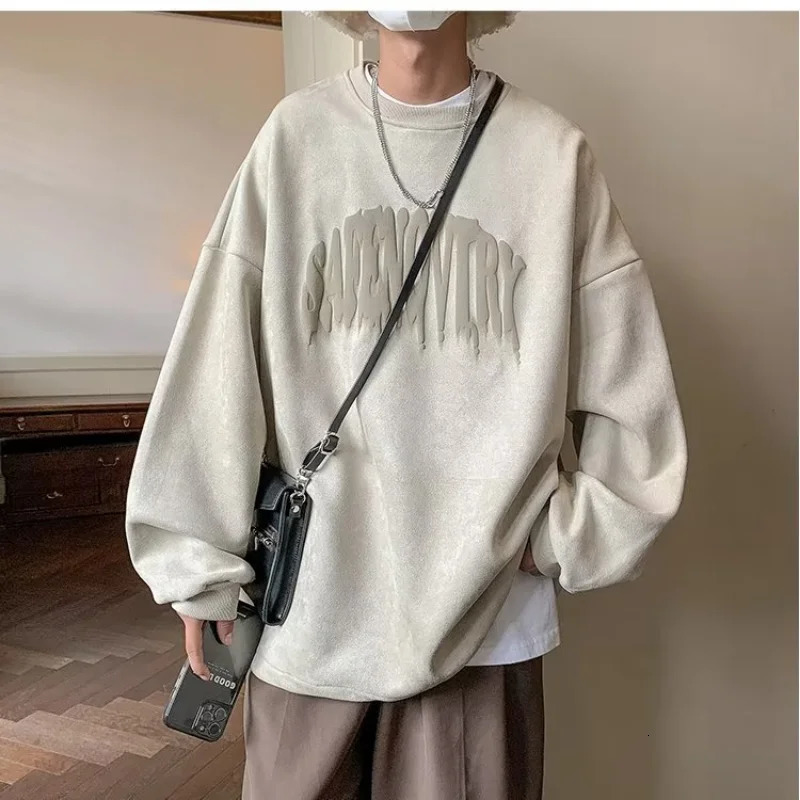 Men Trendy Vintage Sueded Letter Print Oversize Streetwear Sweatshirt Y2K Casual Round Neck Long Sleeve Pullover Hip Hop Hoodies 241209