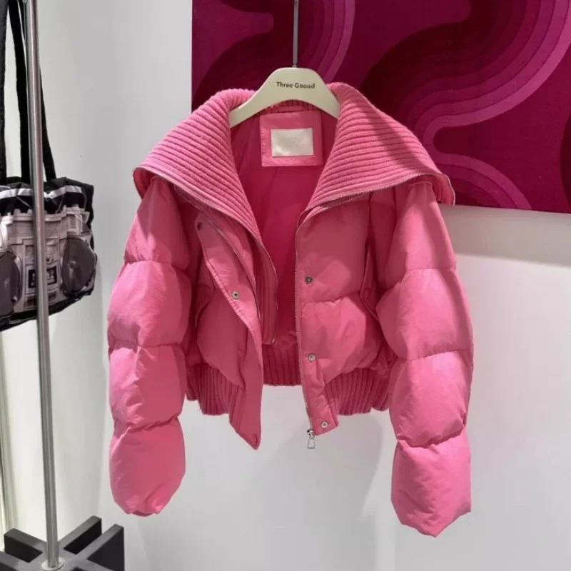 Korean fashion knitted collar autumn jacket womens thick inflatable loose Parka warm cotton pad short 241209