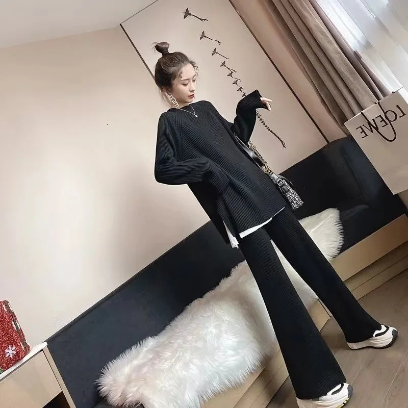 Fashionable Agereducing 2piece Set Womens Knit Sweater Bell Bottoms Idle Stylesuit Autumnwinter Arrival 241209