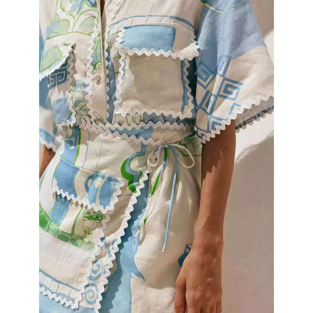 Vintage Print Casual Shirts Loose Women Tops And Mini Skirts Suit Elegant Fashion 2 Piece Sets Female Chic Outfits Trend Vacation Beach Set