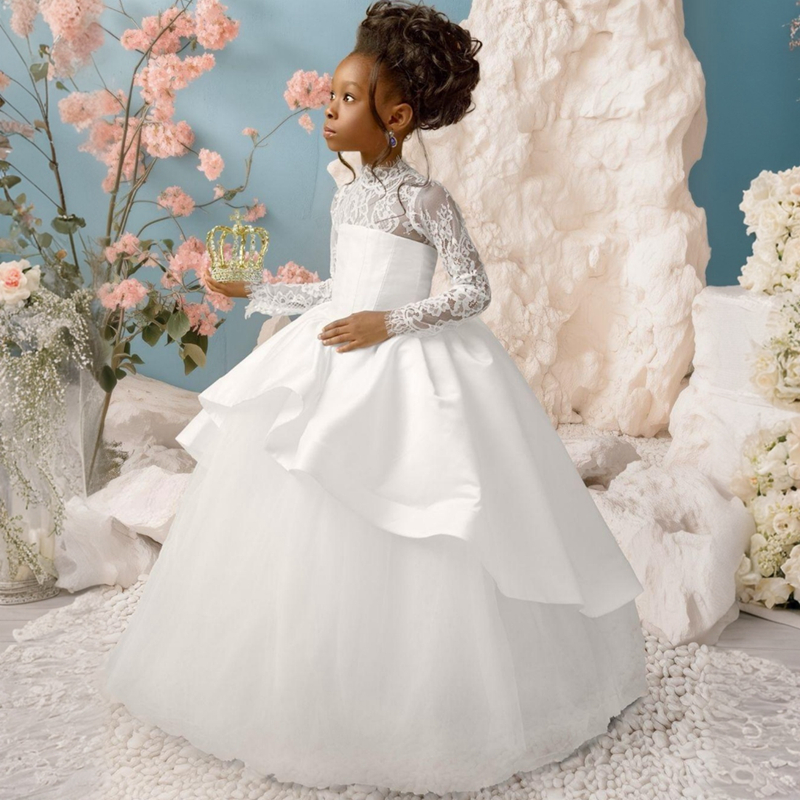 2025 Aso Ebi White Flower Girl Dresses Girls Birthday Dress Communion Gowns High Neck Long Sleeves Lace Tiered Tulle Ball Princess Marriage Dress for 