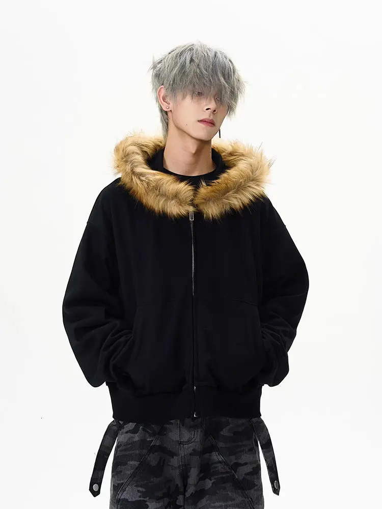 Autumn and winter vintage fur collar hoodie Y2K casual trend zipper hoodie mens street hip-hop gothic punk Harajuku loose sportswear 241209 - view 4