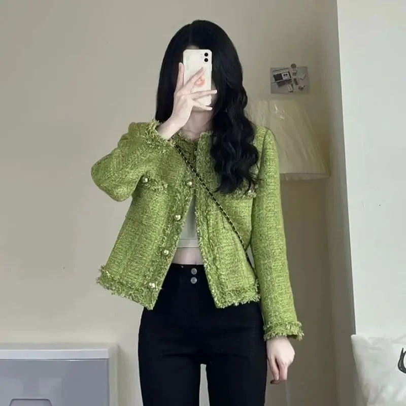 Autumn Winter Korean SingleBreasted Short Tweed Coat Women Long Sleeve Vintage Green Casual Jackets Female Outerwear 241209