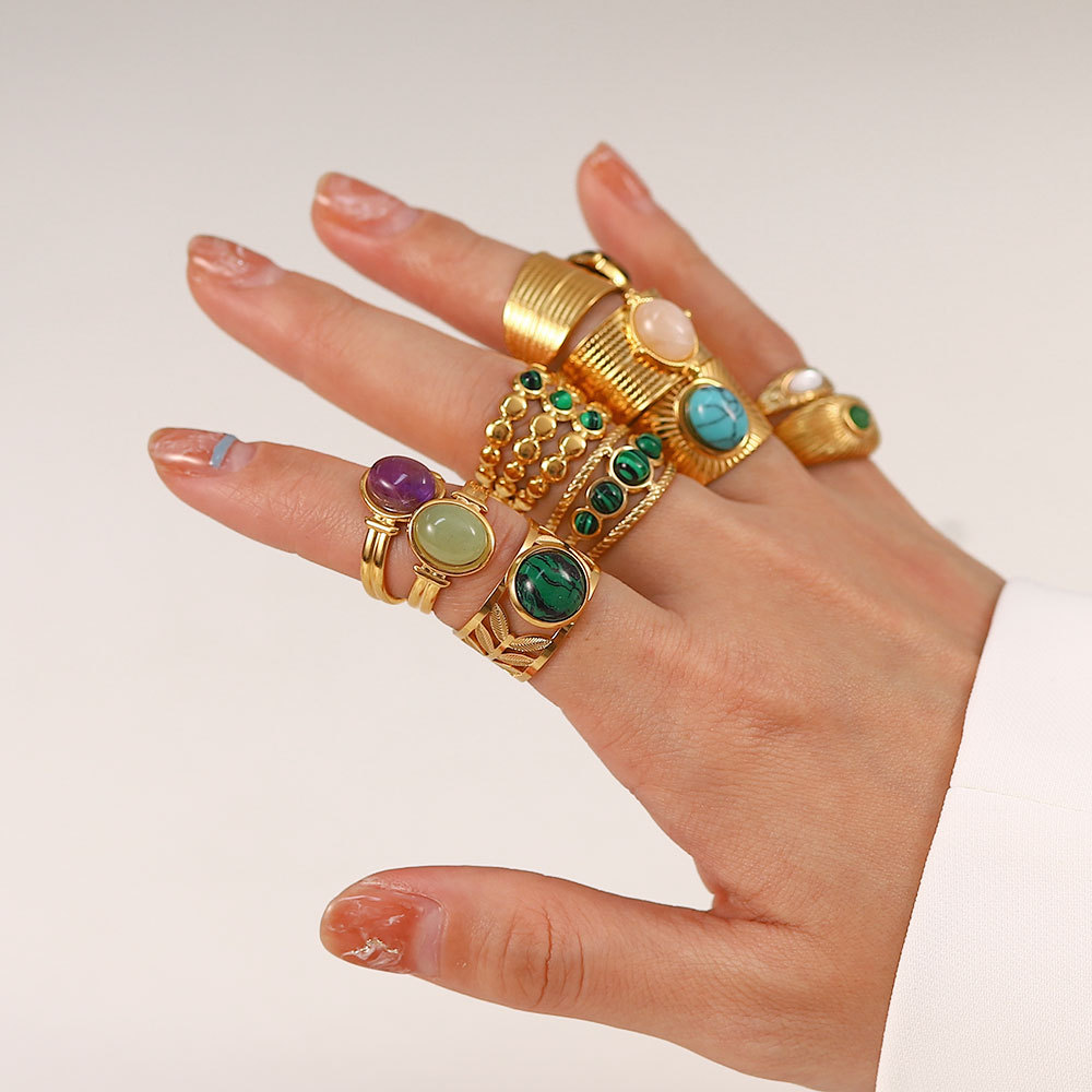 Three Layer Green Turquoise Tiger Eyes Stone Stainless Steel Open Ring for Women Exquisite and Fashionable Plated 18k Gold Non Fading Jewelry