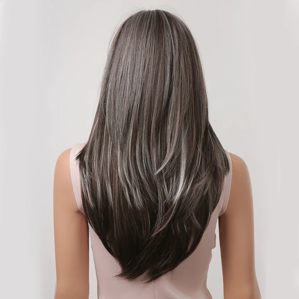 Black brown synthetic natural hair with bangs fashionable high-quality long layered wig suitable for womens daily use heat-resistant 241205