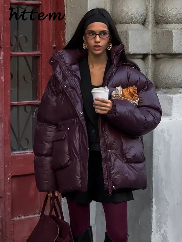 Street Womens Burgundy Hooded Quilted Coat Loose Stand Collar Zipper Full Sleeve Jacket Winter Lady Thicken Outerwear 241209