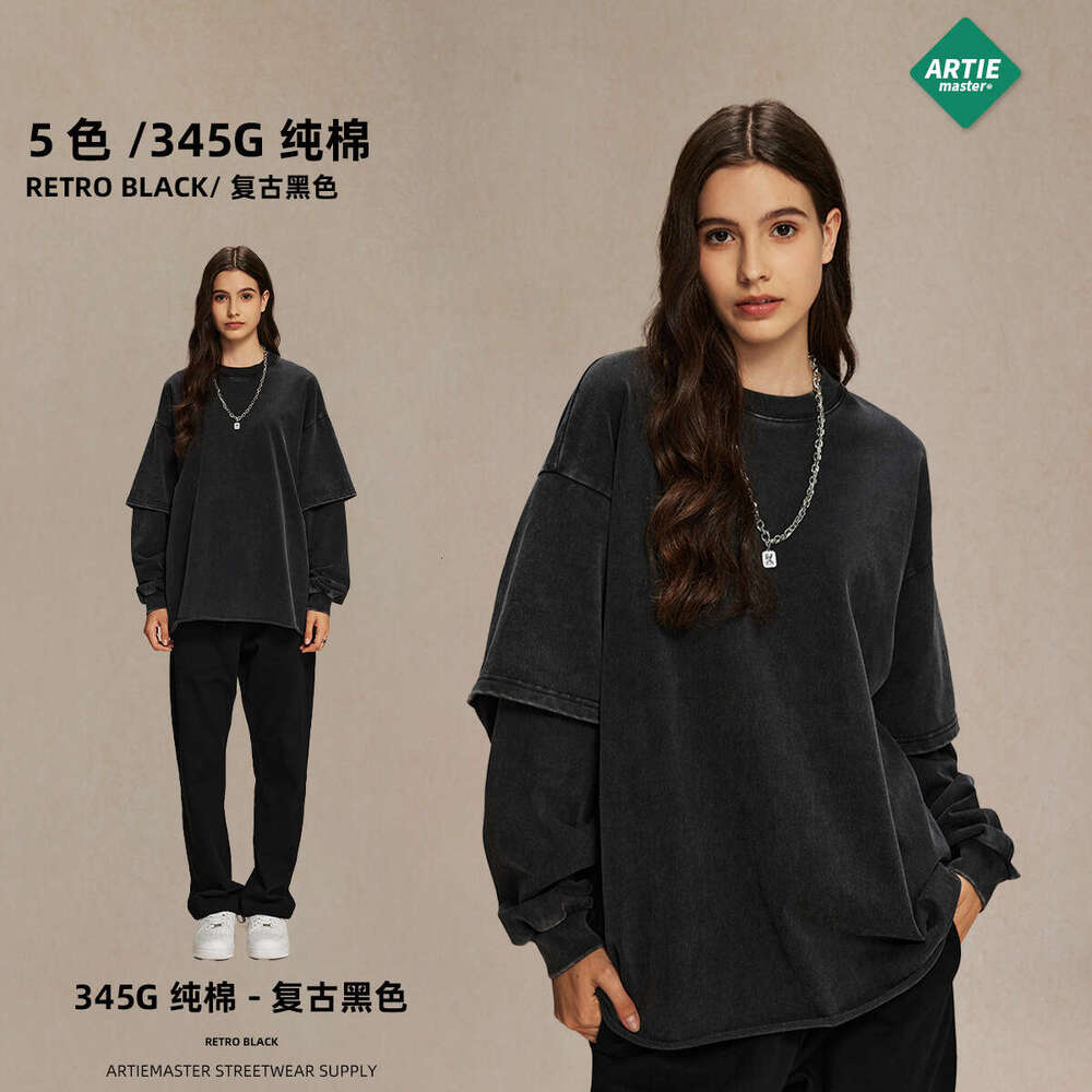2024 Autumn Brand Retro Fake Two Piece Curled Edge Round Neck Long Sleeve T-shirt for Men, Doing Old, Dyeing, Washing, Street Trendy T
