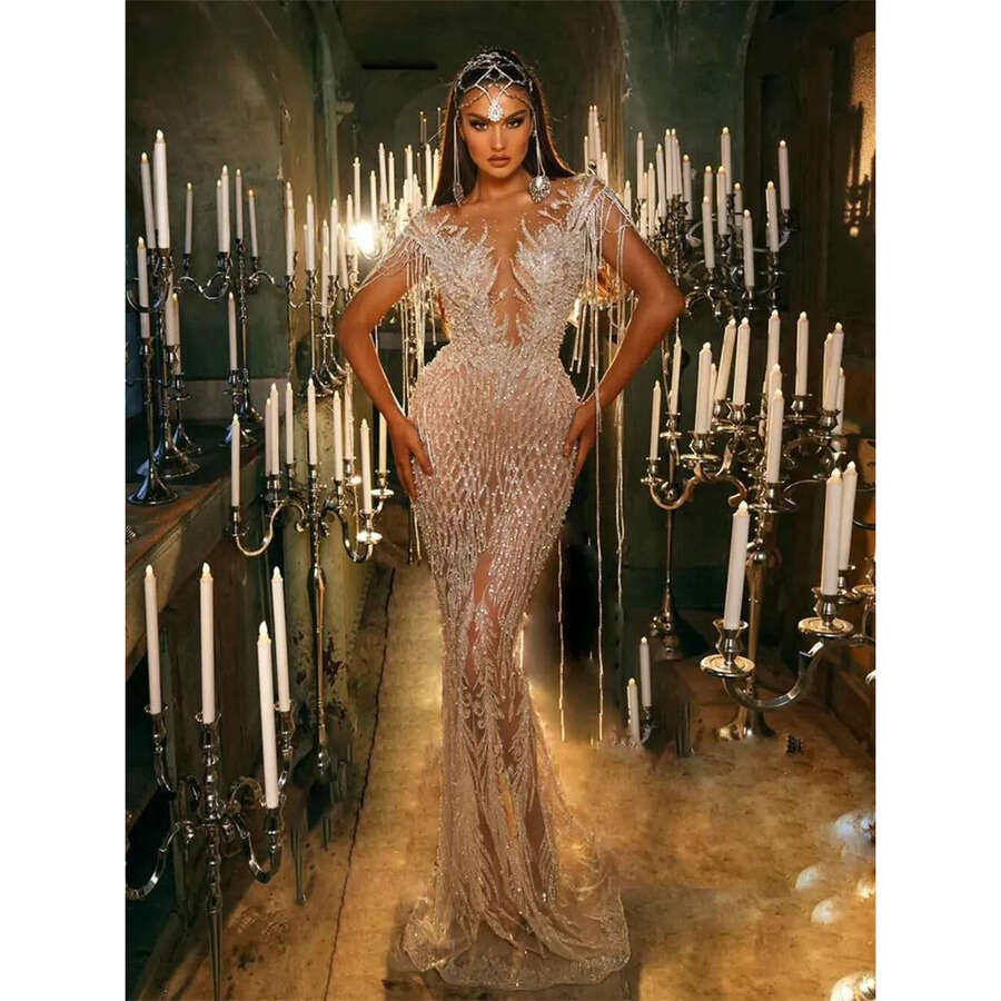 Sequins Sheath Tail Party Gown Illusion Appliques Or-Length Prom Dress Sexy Vestidos De Novia