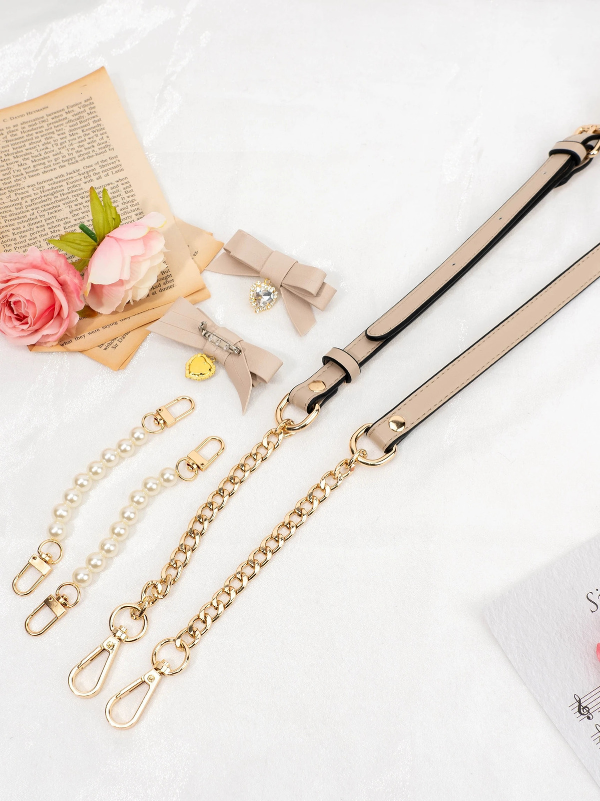 Multi functional bag chain pearl bow pendant mass production Liz metal chain cross body replacement shoulder strap 241205