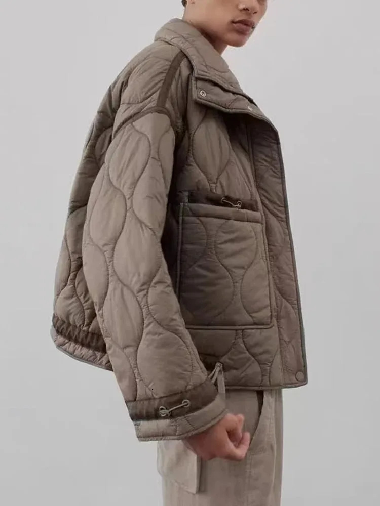 TRAF Womens Fashion Warm Cotton Jacket Fall and Winter Standing Collar Long Sleeve Front Zipper with Buttons Vintage 241209