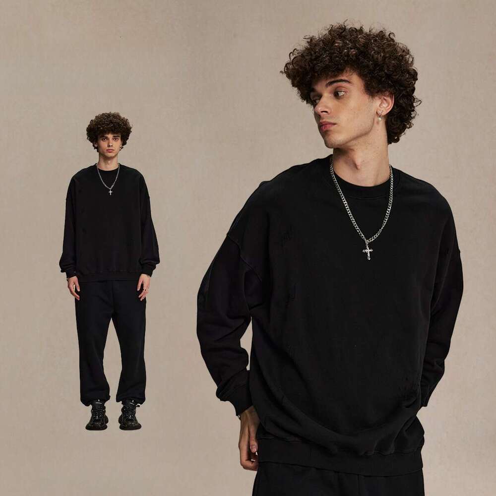 2024 New Product 430g Grinding Edge, Piercing, Washing Water to Make Old Round Neck Men's Street Trendy Brand Retro Thin Sweatshirt for Men