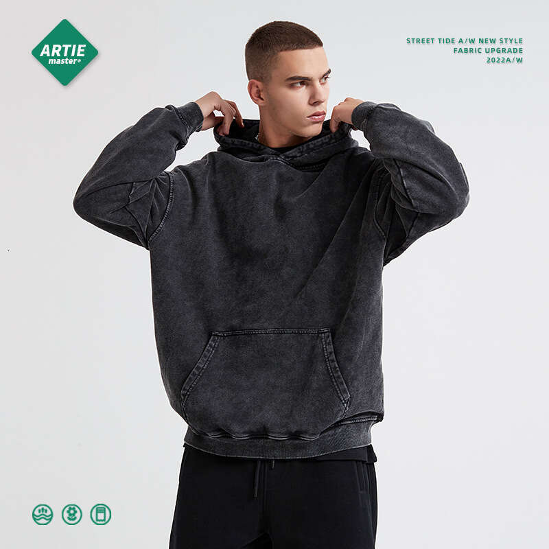 Heavy weight 420G wax printed vintage hooded sweatshirt, loose and washable men's trendy brand new sweatshirt