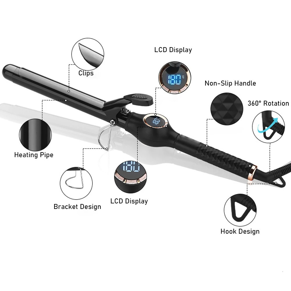 Professional Curling Iron Wand LCD Temp Display Ceramic Instant Heating Hair Curler 9/13/25mm Barrel 200°C Salon Styling Tools 241209