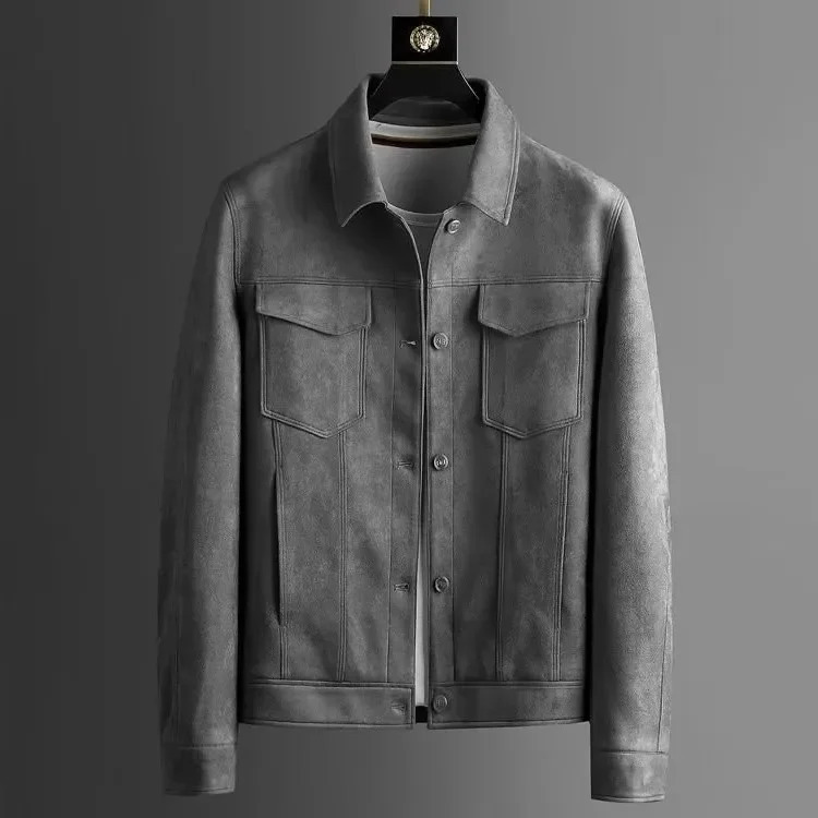 2023 Autumn Chamois Leather Velvet Collar Mens Jacket Korean Casual Loose Top 241209