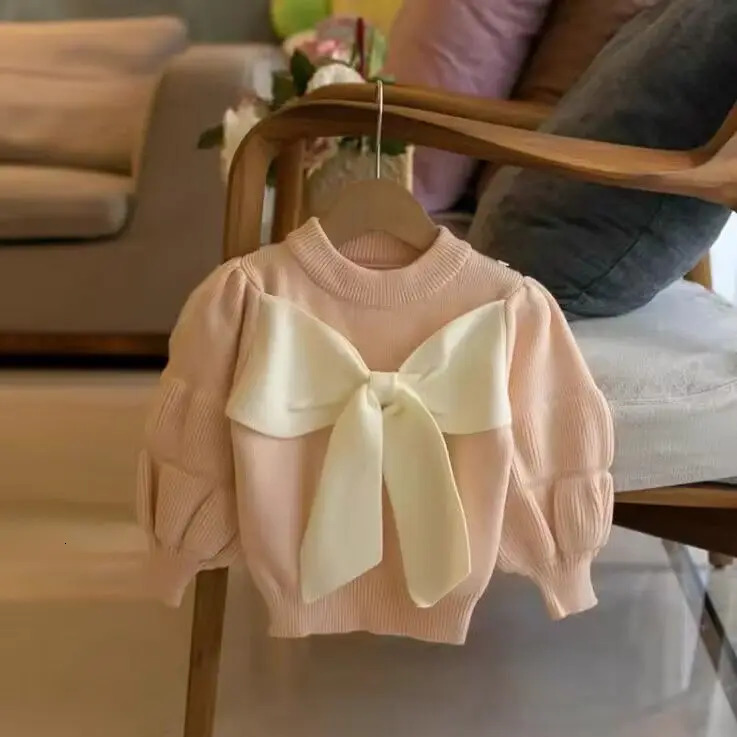 Girl Big Bow Knitted Sweater Puff Long Sleeve Autumn Winter Top Elegant Childrens Birthday Princess Knitted Clothing 241210