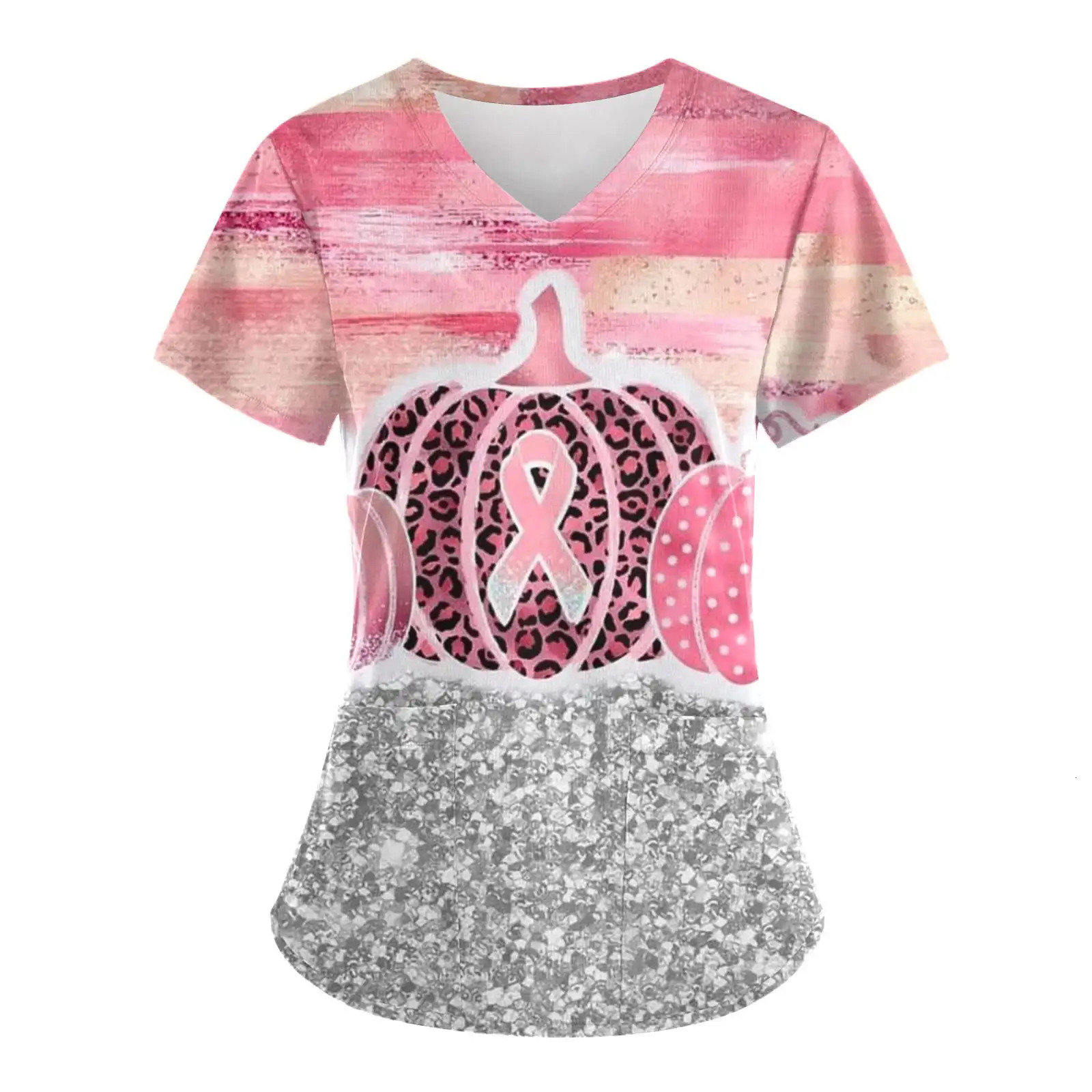 Scrubs Uniform Pink Ribbon Cancer Fighter Graphic Womens Uniforms V Neck Short Sleeve Tops with Pockets Scrubs for Wome 241209