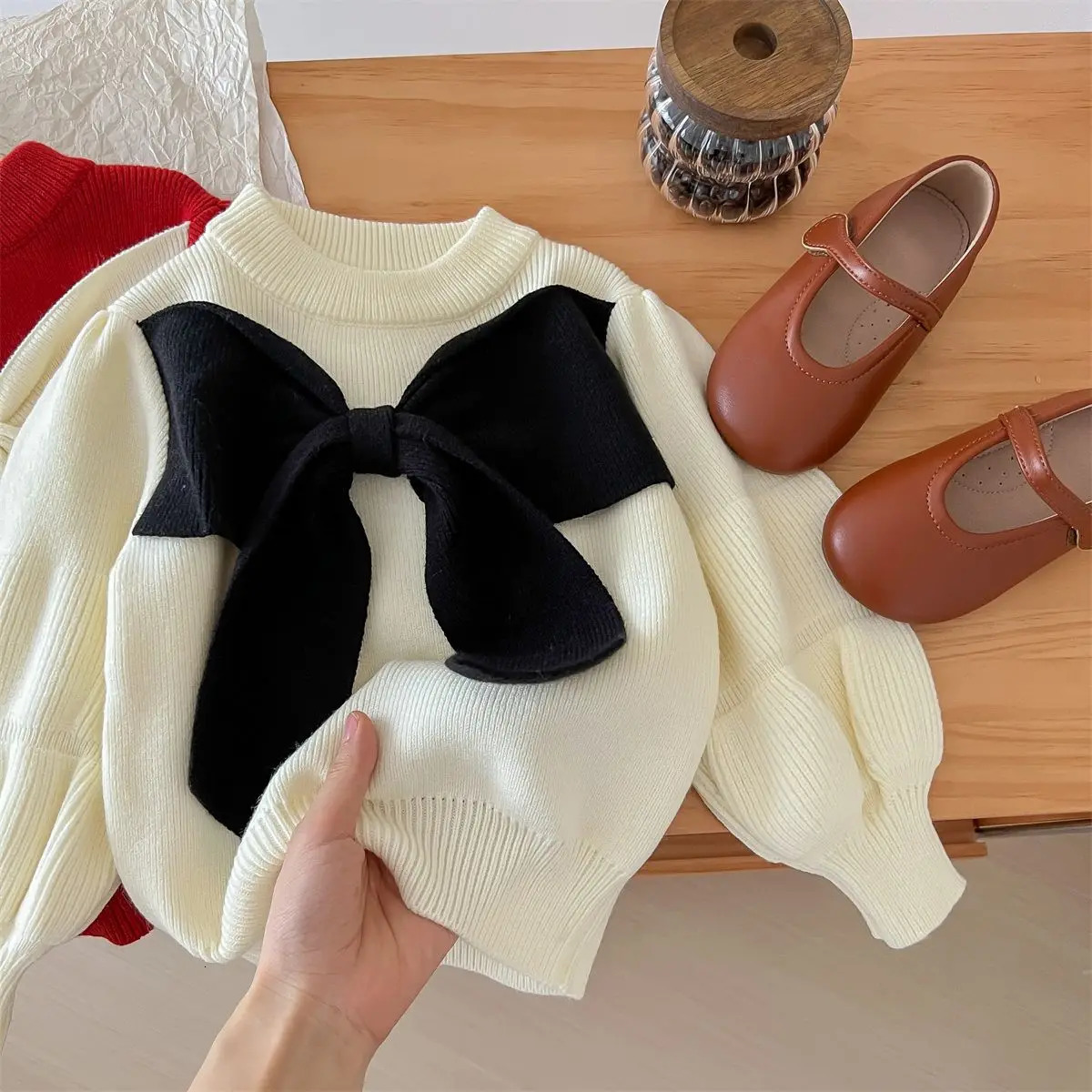 Girl Big Bow Knitted Sweater Puff Long Sleeve Autumn Winter Top Elegant Childrens Birthday Princess Knitted Clothing 241210