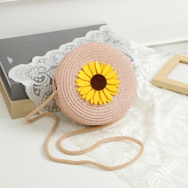Summer Sunflower Decor Round Crossbody Shoulder Bag Women Woven Beach Bag Ladies Rattan Handmade Knitted Straw Purse And Handbag 241209