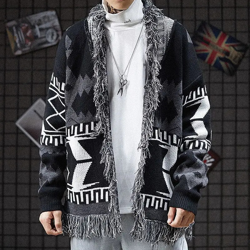 Mens tassel knitted cardigan mens graphic retro thin jacket Korean review top street clothing public original Y2k 241205