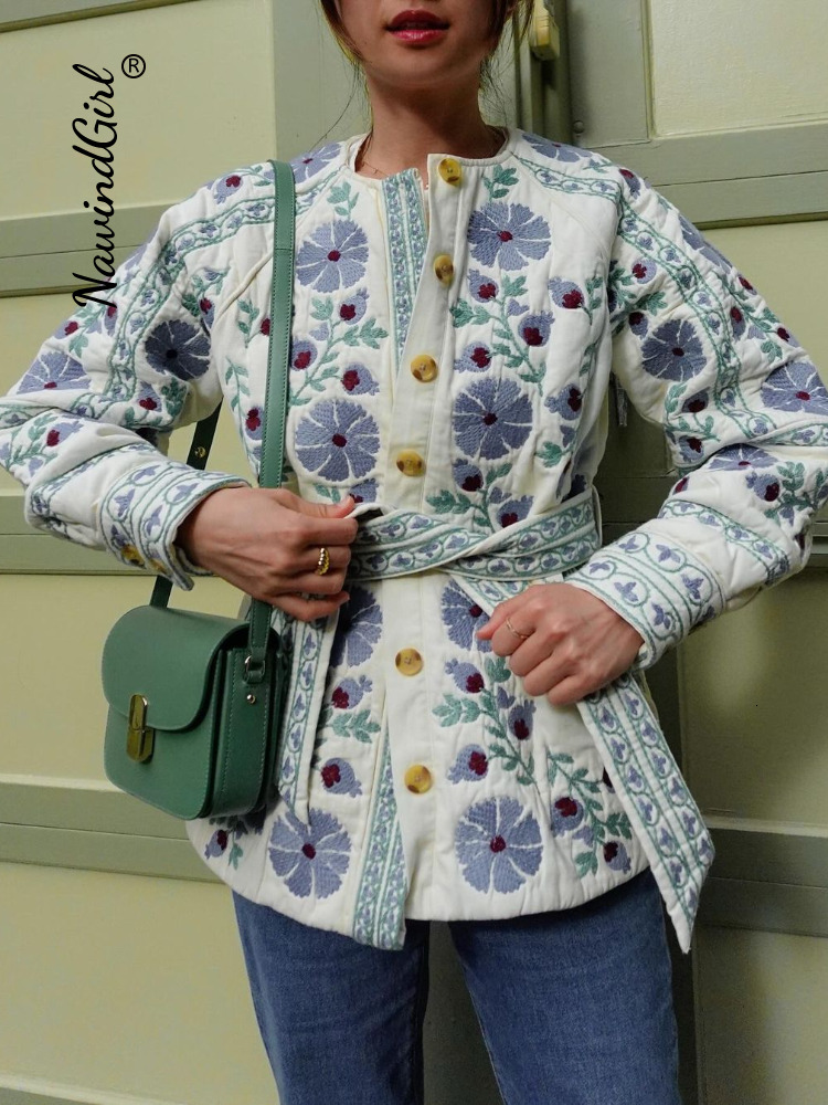 Elegant Print Quilted Jackets Lady Slim O-Neck Button Lantern Sleeve Padded Belt Coat Female Autumn Winter Women Clothing