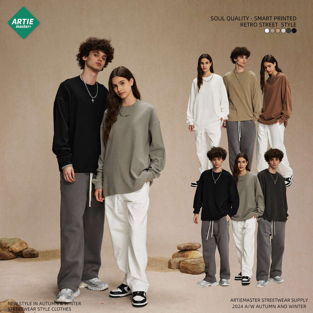 2024 Autumn/Winter New Product Breathable Waffle 330g Round Neck T-shirt Men's American Trendy Brand Loose Casual Long Sleeve T