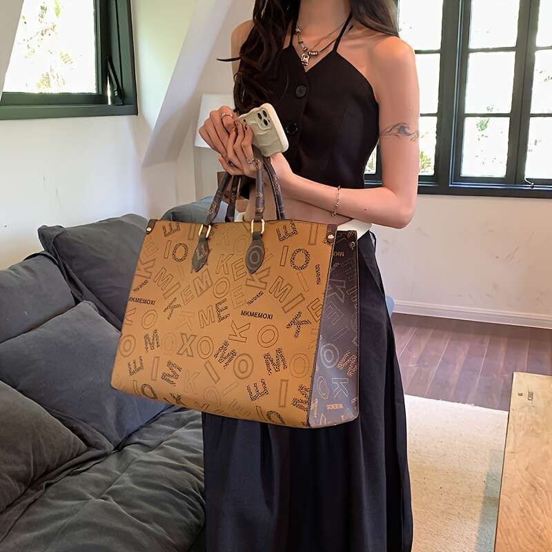 Luxury Brand Designer Bag Large Capacity Handbag, Vintage Letter Pattern Shoulder Bag, Women's Fashionable Commuting Handbag Tote Bag