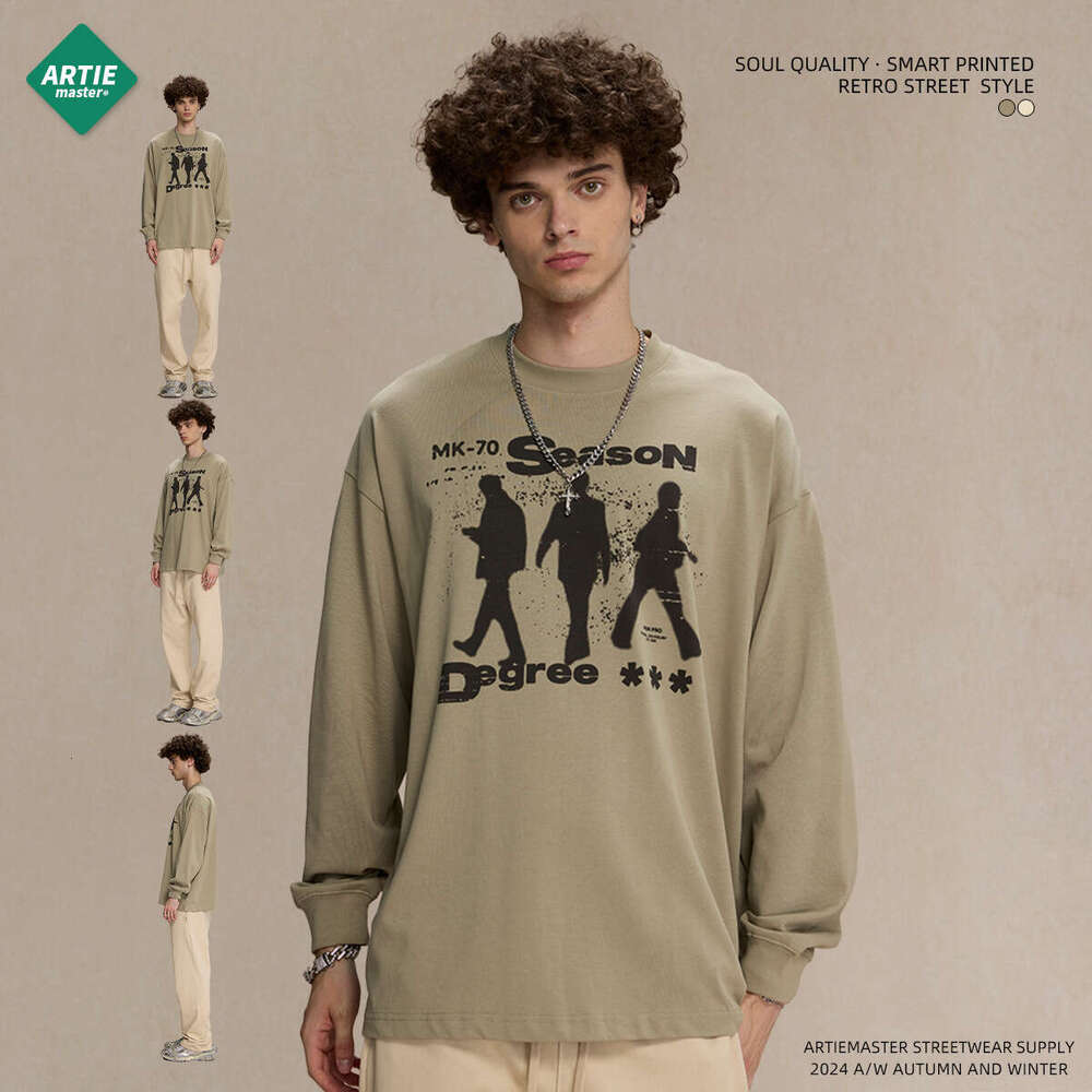 2024 Autumn Thin Printed Men's T-shirt Loose Casual Round Neck Long Sleeve Top Trendy