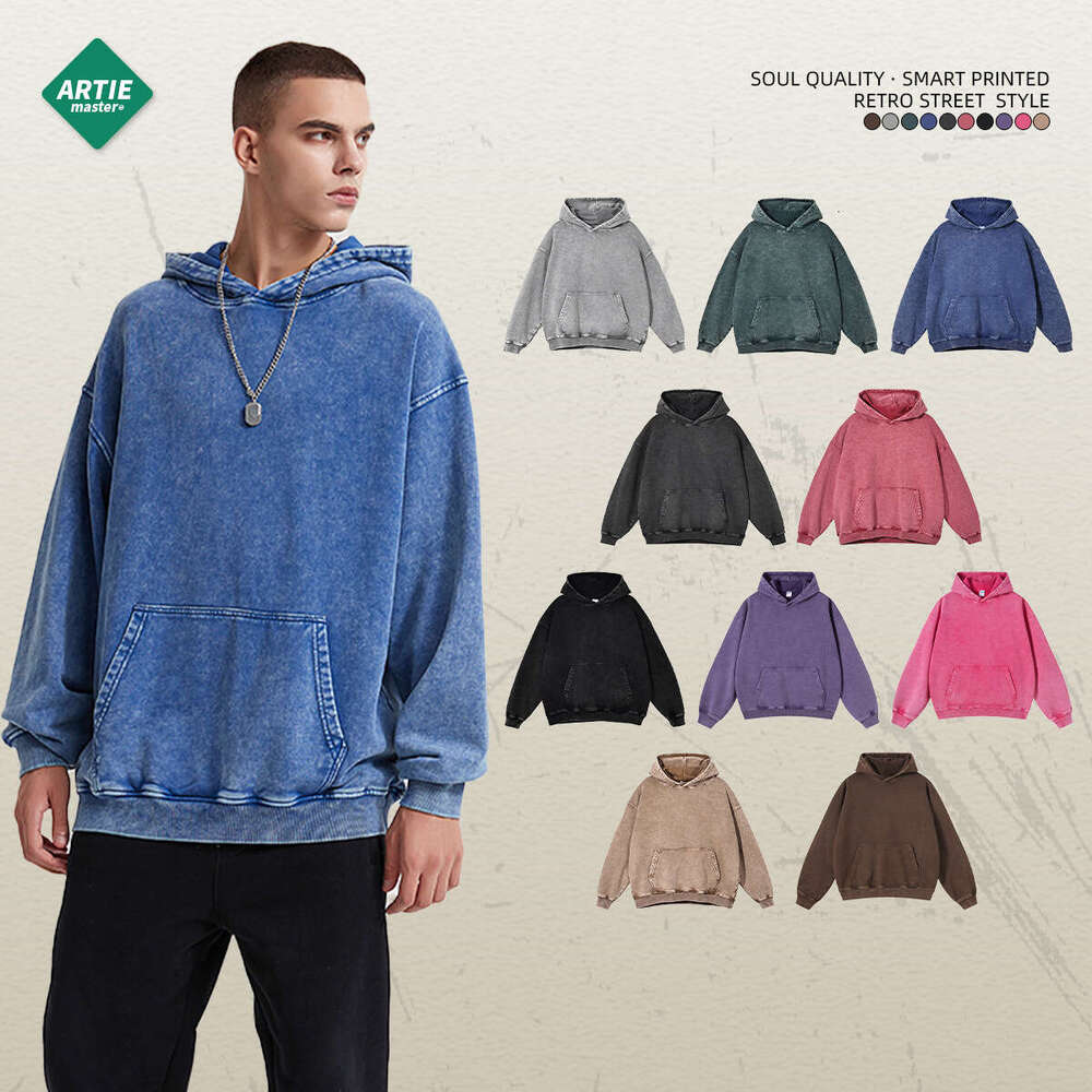 Heavy weight 420G wax printed vintage hooded sweatshirt, loose and washable men's trendy brand new sweatshirt