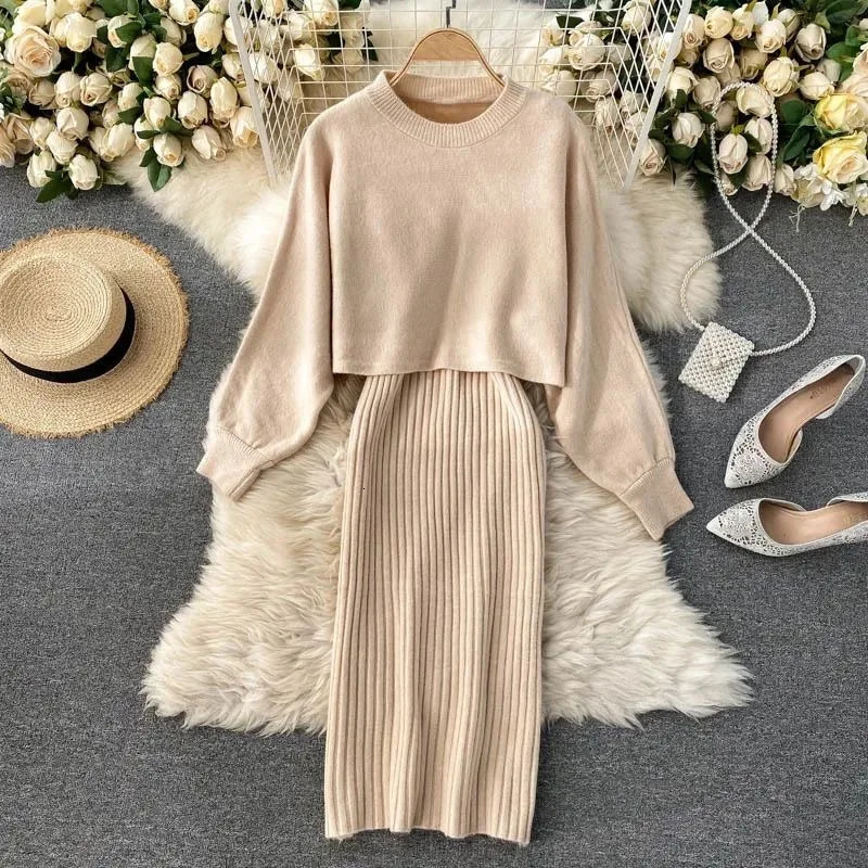 Autumn Knitted Round Neck Two Piece Womens Set Long Sleeve Solid Color Bat Fashion Winter 241209