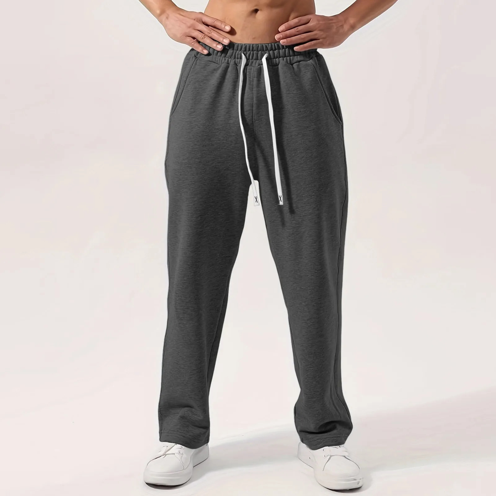 2024 Classic Sweatpants Mens Fleece Lined Trousers Wide Leg Straight Style Long Pants Workout High Waisted Yoga Sports Bottom 241203Z