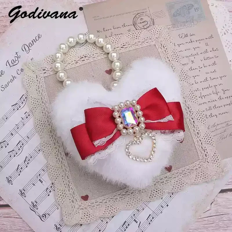 Handmade Japanese lace pearl fluffy big love bag pendant cute fur bow bag charm handbag accessories 241205