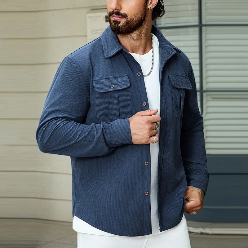 Mens casual Corduroy Cargos pocket shirt button lapel long sleeved solid color texture retro streetwear S3XL 241209