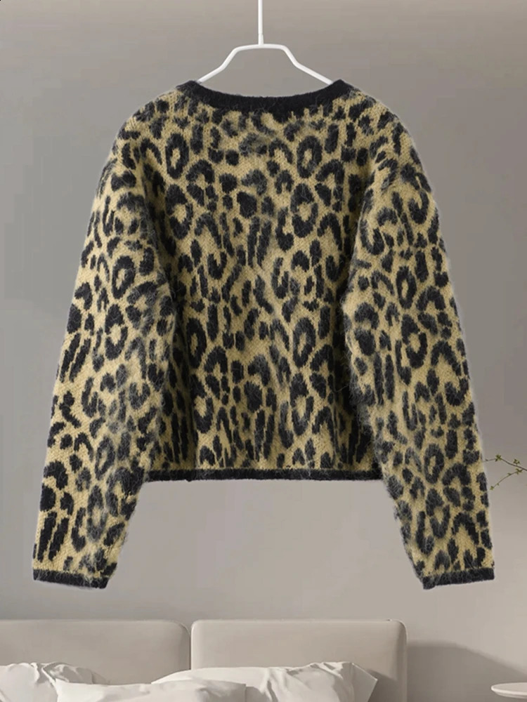 Vintage Leopard Mohair Cardigan For Women Patchwork O-neck Long Sleeve Single Breasted Sweater 2024 Autumn Lady Lazy Knitwear 241210