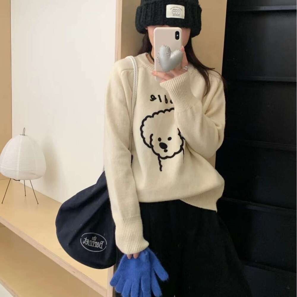 Gentle style cartoon little dog sweater for female students, 2023 autumn and winter new style, loose round neck, single wear, inner knit top