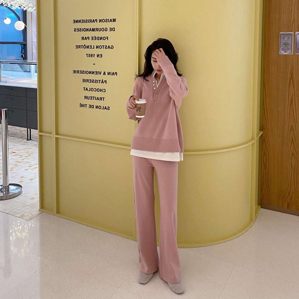 Soft and Sticky Set Winter 2022 Korean Edition Gentle Style Solid Color Splicing Fake Two Piece Thick Knitted Sweater for Women