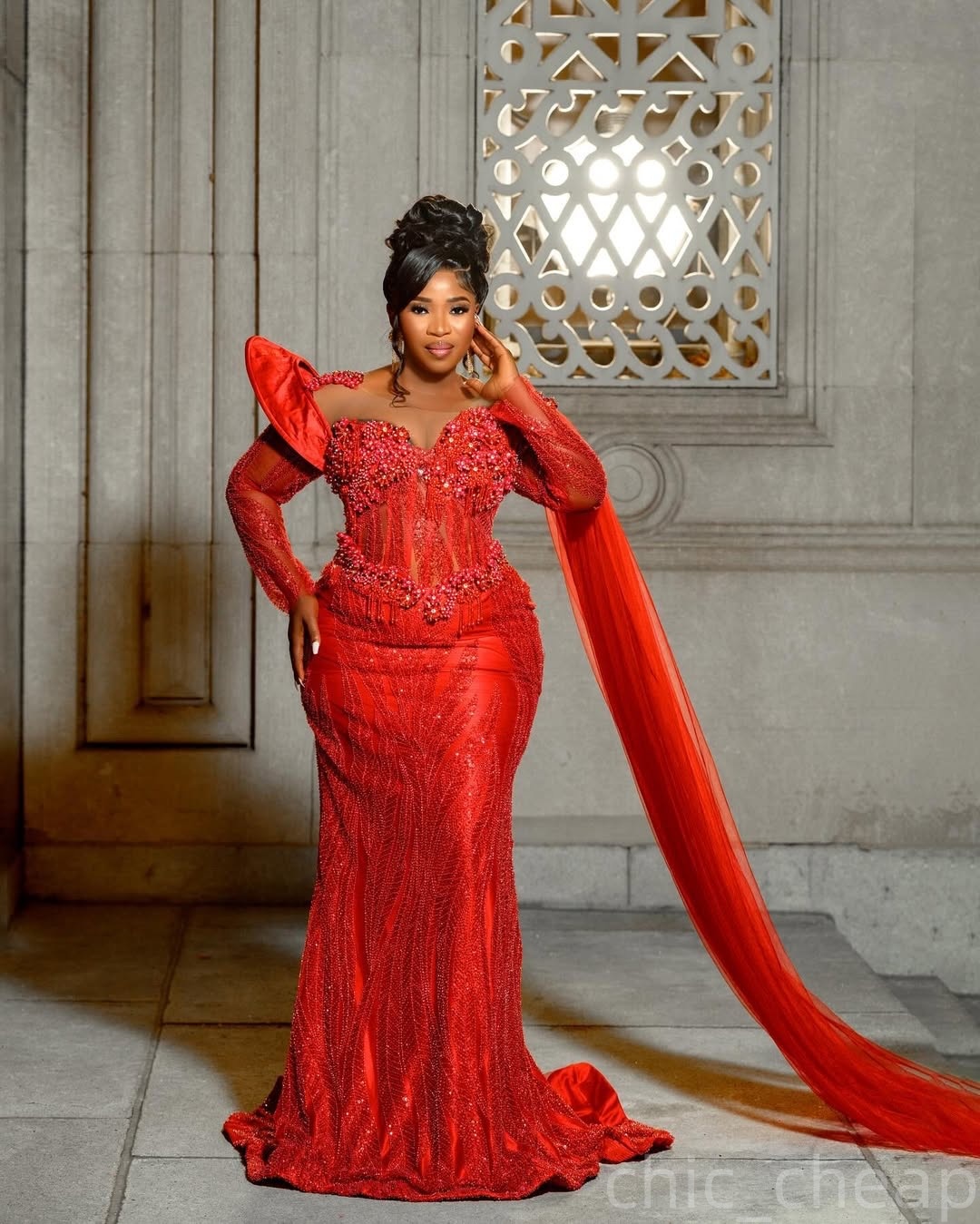 Red Mermaid Prom Dresses 2025 Beaded Pearls Full Sleeves Sequined Evening Formal Party Second Birthday Engagement Gowns Plus Size Dress For Special Oc