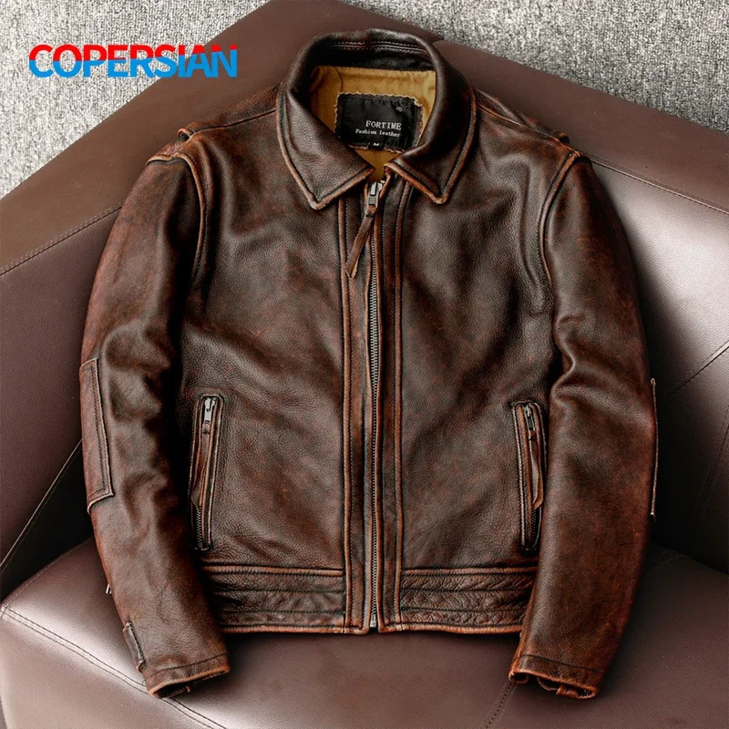 Men Leather Jacket Swallow Tailed Vintage Motorcycle Top Cowhide Coat Male Biker Clothing 241209