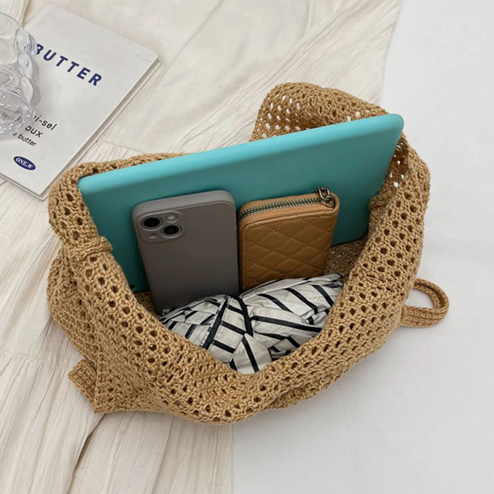 Women Knitting Shoulder Bag Solid Color Crochet Mesh Large Capacity Knitted Tote Handbag Female Outdoor 241203