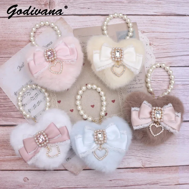Handmade Japanese lace pearl fluffy big love bag pendant cute fur bow bag charm handbag accessories 241205
