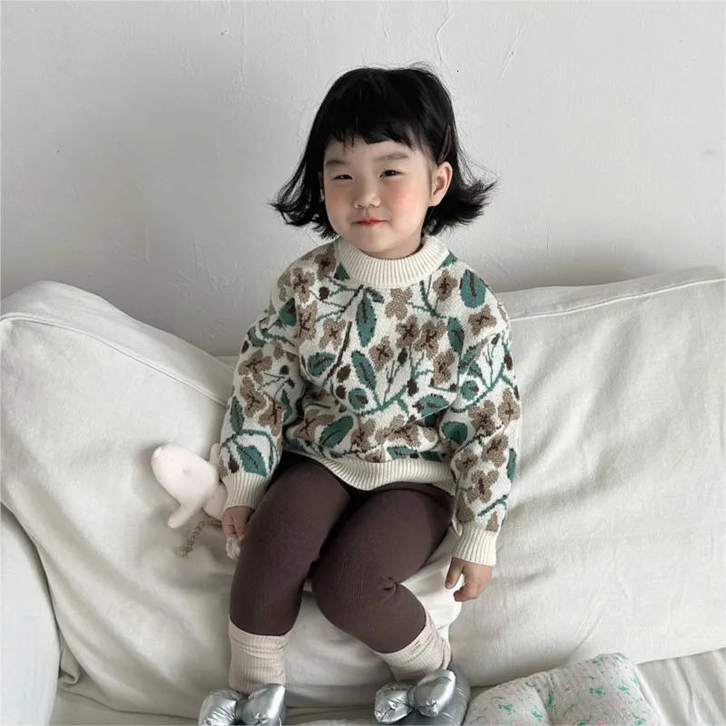 Winter Korean Childrens Girls Pullover Sweater Jacquard Retro Knitted Warm Childrens Girls Sweater Baby Knitted Top 241210