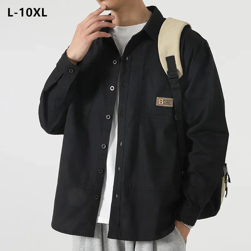 Loose casual boys shirt outdoor long sleeved military green cotton 7XL 8XL 9XL 10XL 150KG plus size commodity black mens clothing 241209