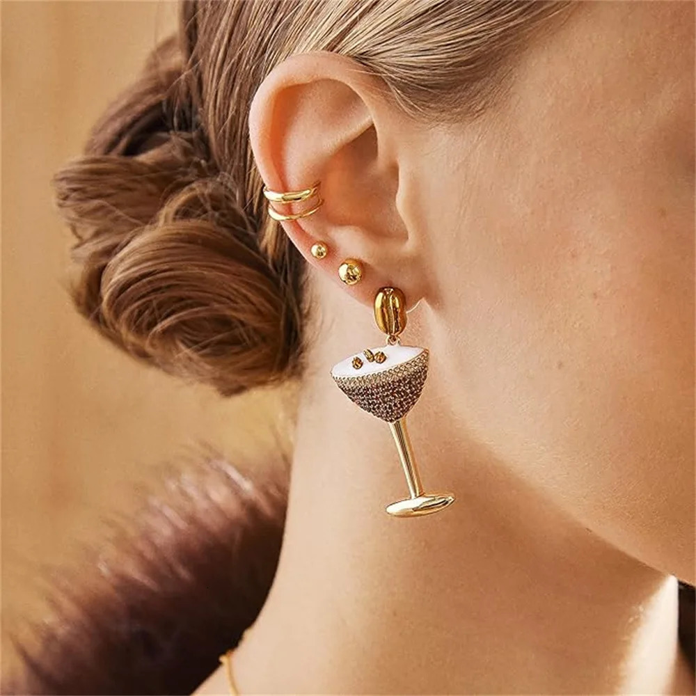 Gothic gold inlaid zircon cocktail glass earrings UNISEX Christmas celebration happy party jewelry earrings 241209