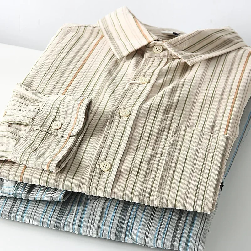 Autumn mens hiphop Corduroy striped shirt college retro casual loose long sleeved top Y2K streetwear 241209