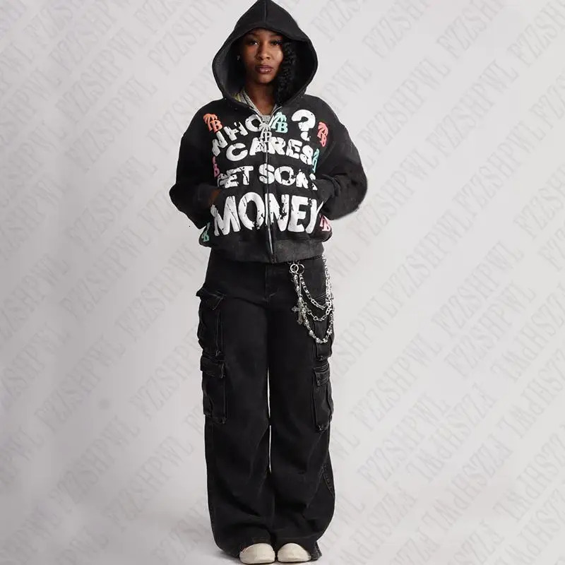 Hip Hop Graphic American Retro Hoodies Clothes Punk Gothic Vintage Streetwear Zip Up Hoodie EMO Girl Hip Hop Fashion Collar 241209